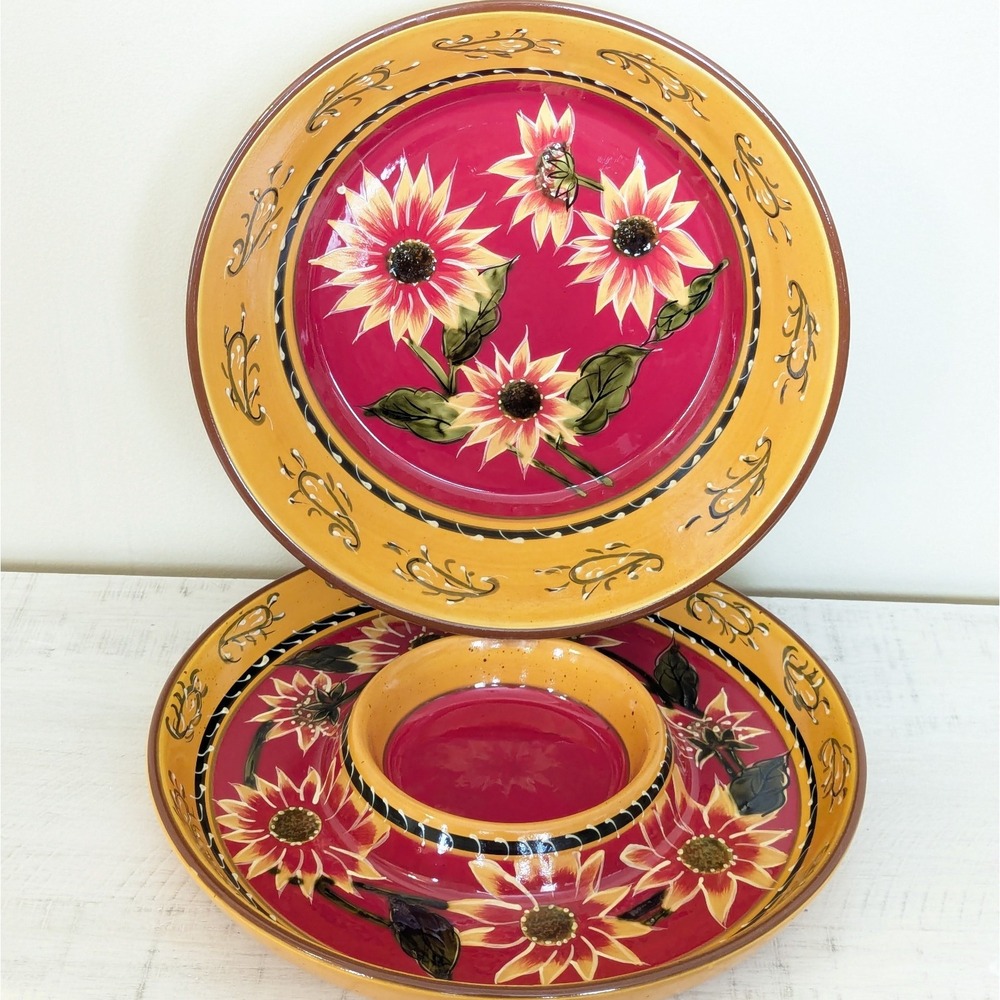 Pier 1 Sunflower Chip Dip Veggie Serving Platter & Bowl Hand-painted Terracotta